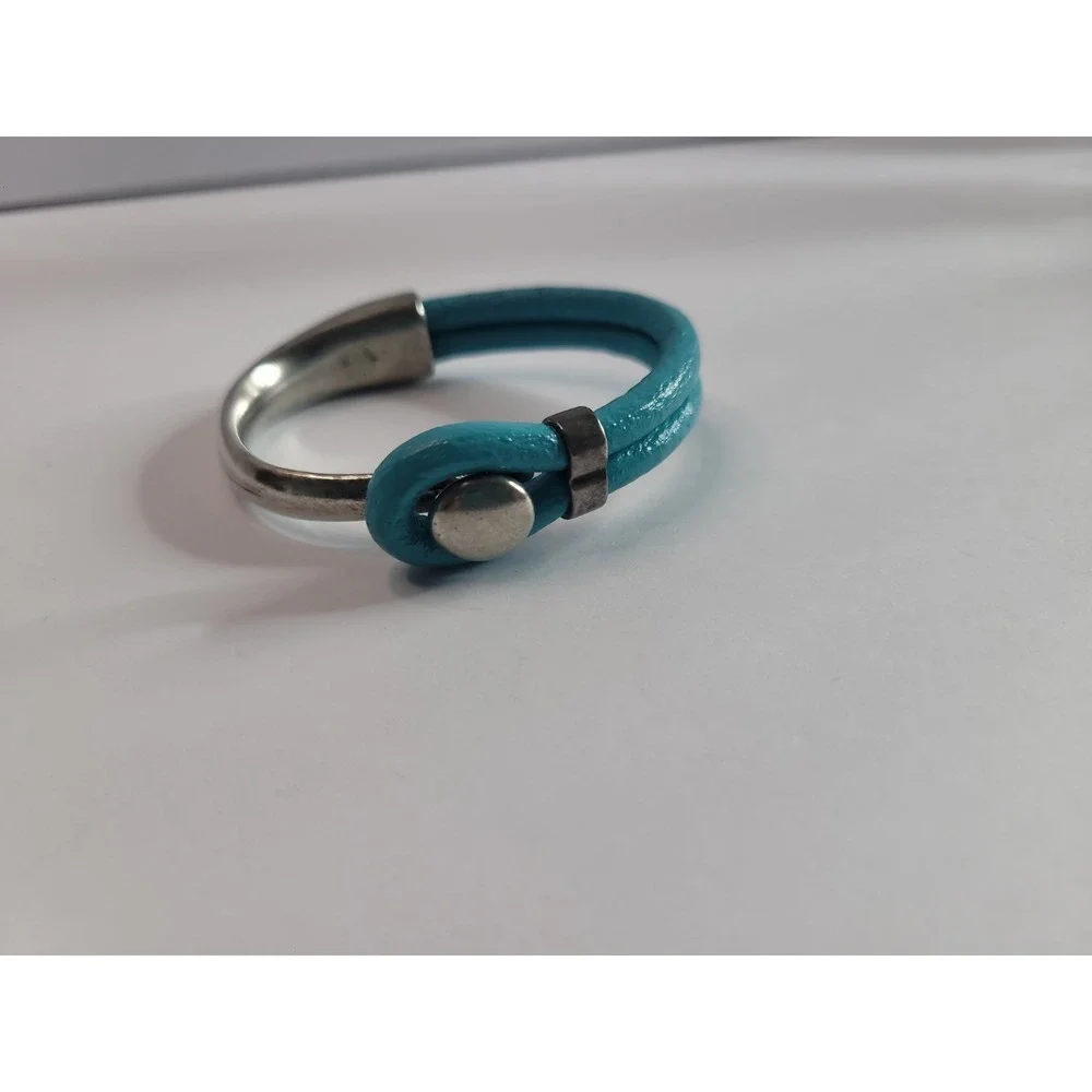 Blue Faux Leather Silver Tone Mixed Media Cuff Bracelet Modern Statement Jewelry